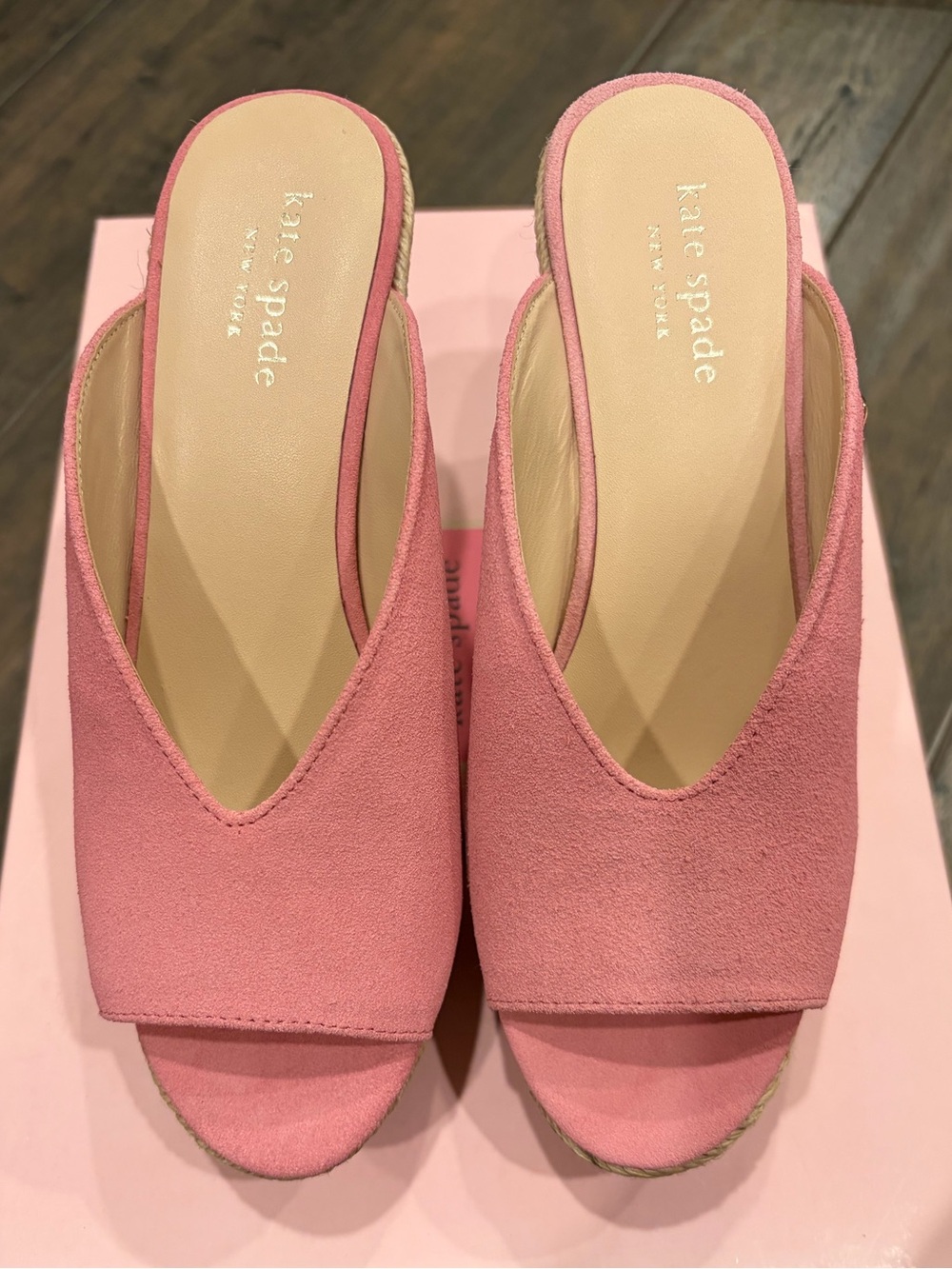 Kate Spade, Pink Suede Wedge Sandals, Size 5.5, New